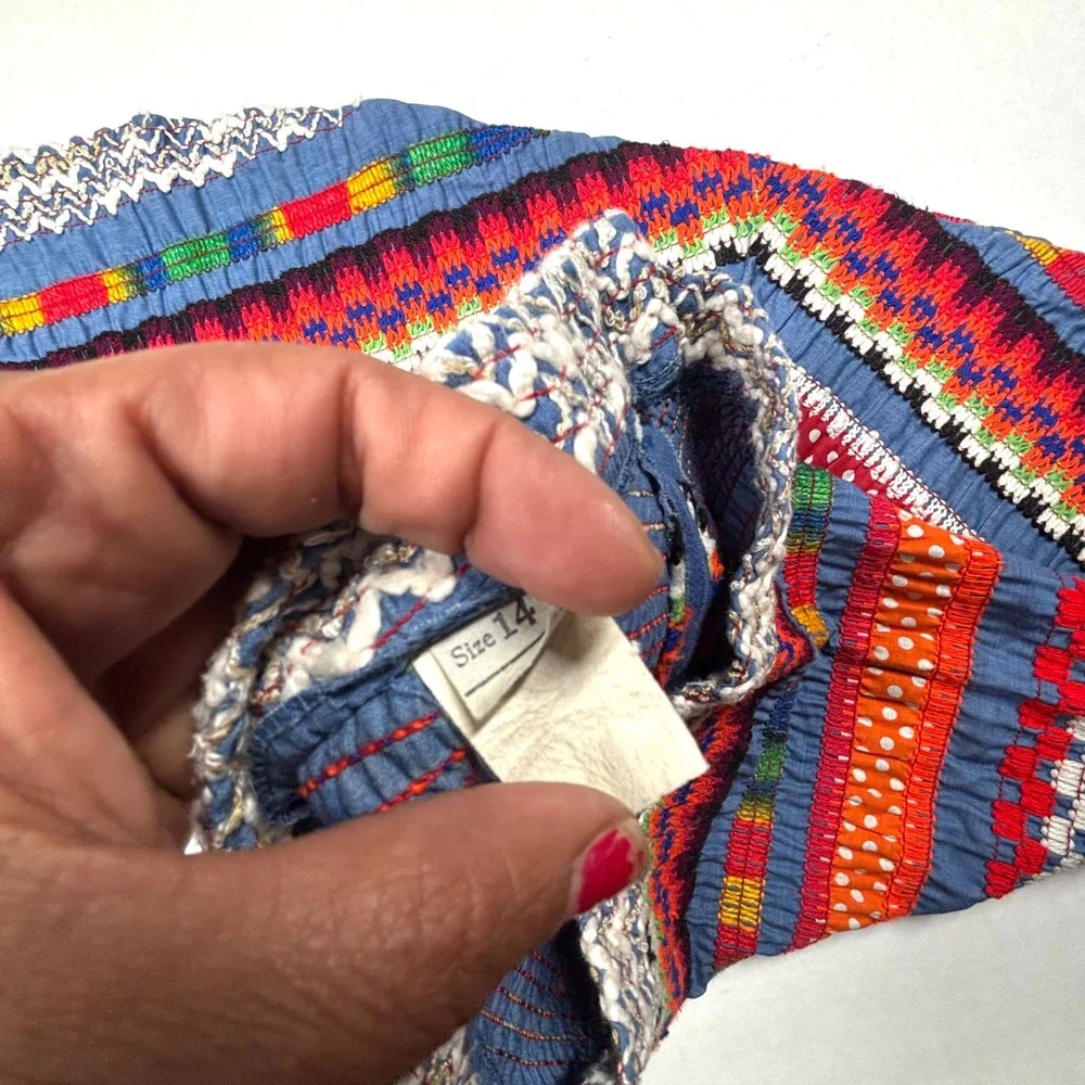 VTG Girls 14 Multi Color Chevron Embroidered Smocked ALine Skirt Ethnic Festival
